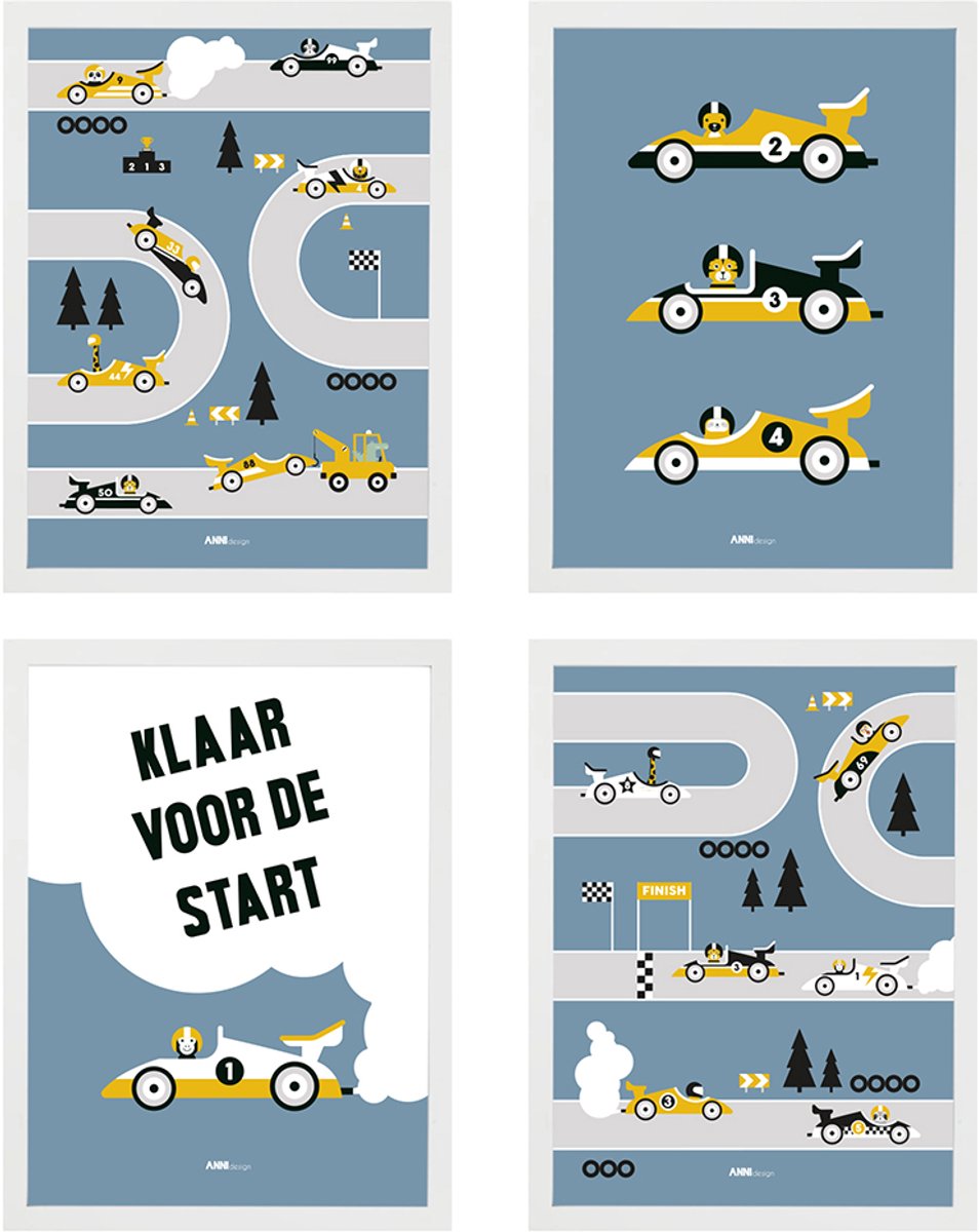 Poster set Raceauto blauw 4x maat A3 – raceauto – formule 1 - kinderkamer - jongenskamer - muurdecoratie - kinderkamerstyling – kinderkameraccessoire