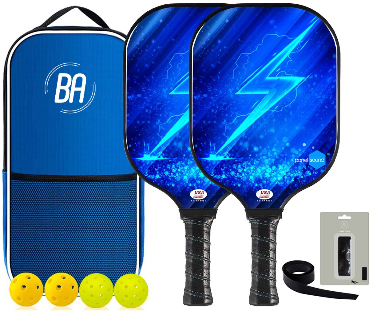 Best Active Pickleball Set - 2 Rackets & 4 Ballen - Carbon Fiberglass - Lightning Blauw - Inclusief Rackettas - USA Pickleball Goedgekeurde Set - Pickleball Paddle - Inclusief Ballen en Grip