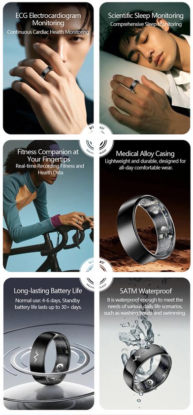 Zwarte ring met ECG-monitoring, slaapmonitoring, fitness, medische legering, waterdicht tot 5ATM en lange batterijduur.