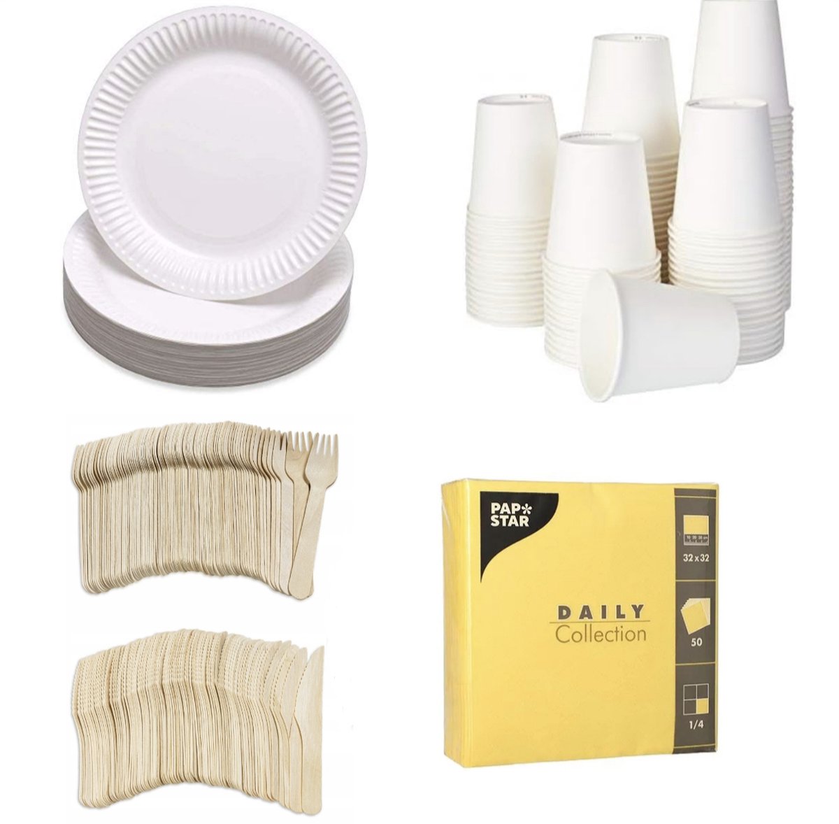 250 stuks x Houten wegwerp bestek set eco/milieubewust – 50 witte kartonnen borden 23cm + 50 kartonnen bekers 240ml+ 50 Vorken 16cm + 50 messen 16cm+ 50 servetten geel 32x32cm Feest/verjaardag/BBQ picknick