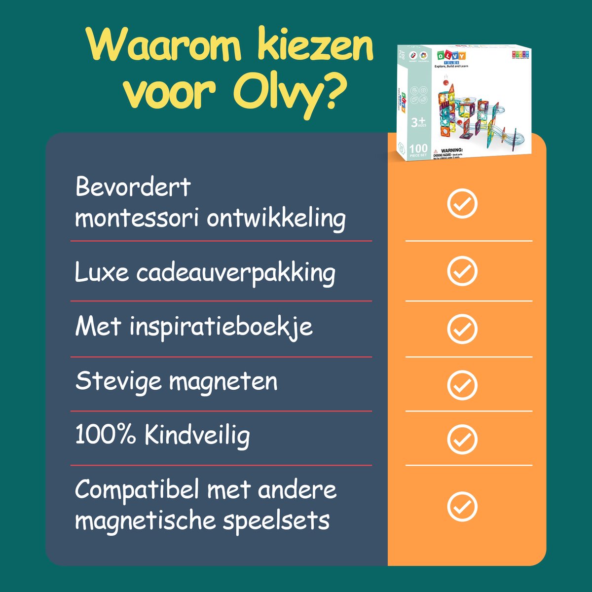 Olvy Magnetic Tiles Bouwstenen Magna Wereld – 100 Stuks - Afbeelding 7