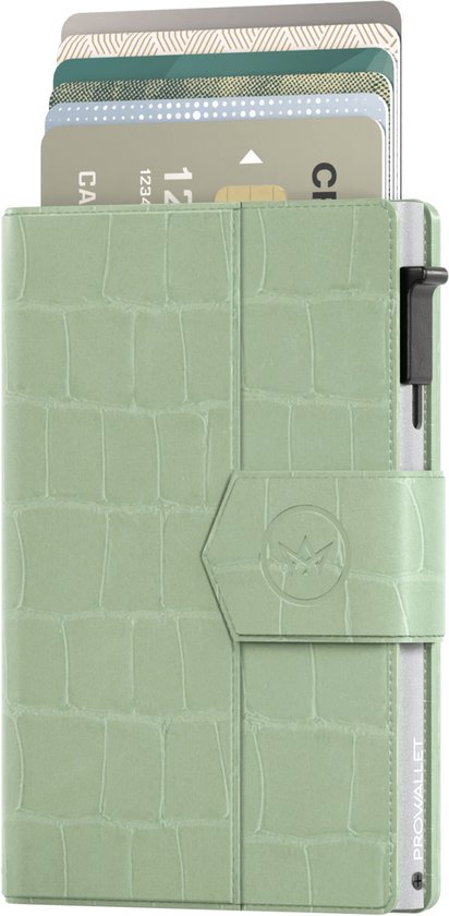 Prowallet Plus – Croco Vert menthe – Porte-cartes RFID – Portefeuille compact avec porte-cartes coulissant – Pour 8 cartes, billets et monnaie – Aluminium et simili cuir – Coffret cadeau de luxe – Femme
