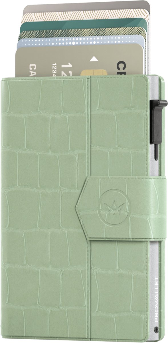 Prowallet Plus - Croco Mintgroen - Pasjeshouder voor 8 pasjes, briefgeld en muntgeld - Uitschuifbaar - RFID Creditcardhouder - Kaarthouder Portemonnee, Premium Pashouder voor Vrouwen - Aluminium, Kunstleer - Incl. Luxe Cadeaubox