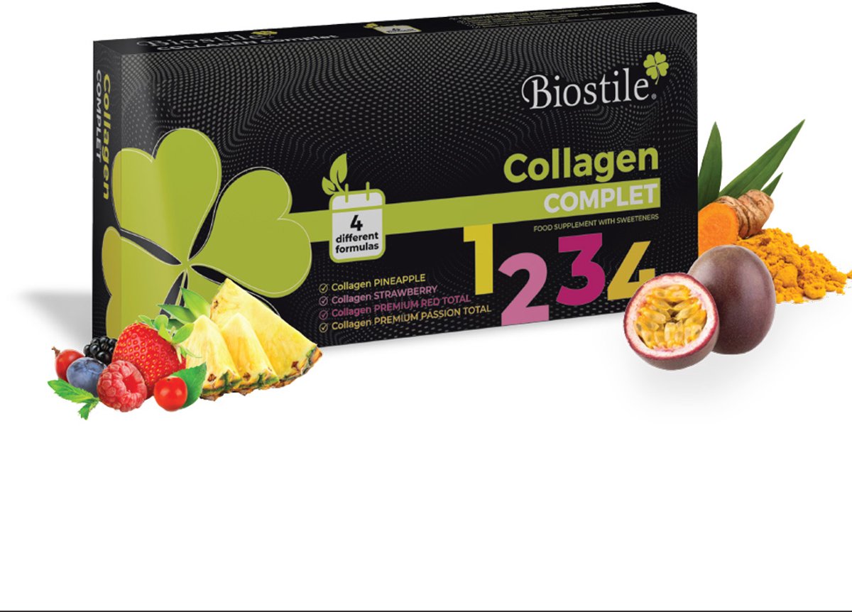 Biostile – Collageen Complet – 8600 mg Gehydrolyseerd Collageen - 4 soorten verschillende Collageen – Vitamine C – 30 Zakjes