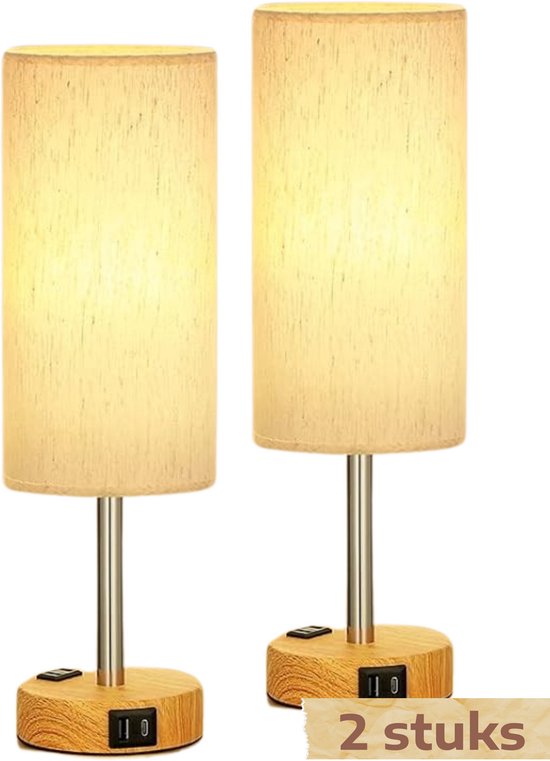 Veilleuses LED lumineuses - Set de deux - Lampe de table sans fil à intensité variable avec panneau tactile - Avec fonction de charge - Lampe de nuit avec abat-jour en lin et base en bois - Éclairage d'ambiance pour chambre et salon