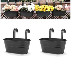 2 stuks grote hangende plantenbakken - metalen smeedijzeren plantenbakken voor aan de muur - binnen/buiten - voor hekwerk, balkon, tuin, huisdecoratie - met afneembare haak - geschikt voor hekwerk, balkon (zwart)