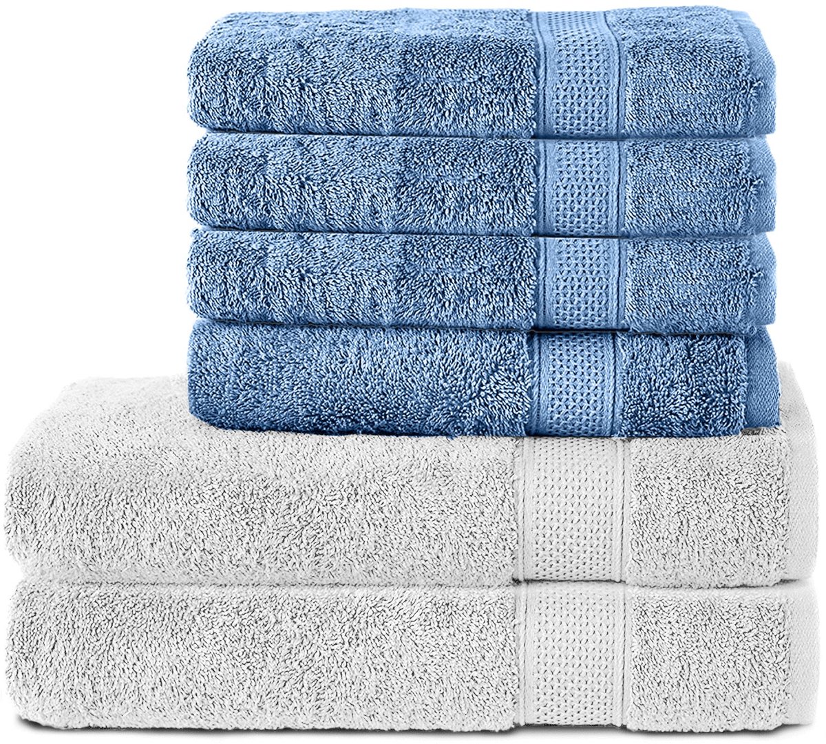 Komfortec Handdoekenset 4x handdoek 50x100 cm en 2x badhanddoek 70x140 cm - 100% Katoen - Lichtblauw&Wit