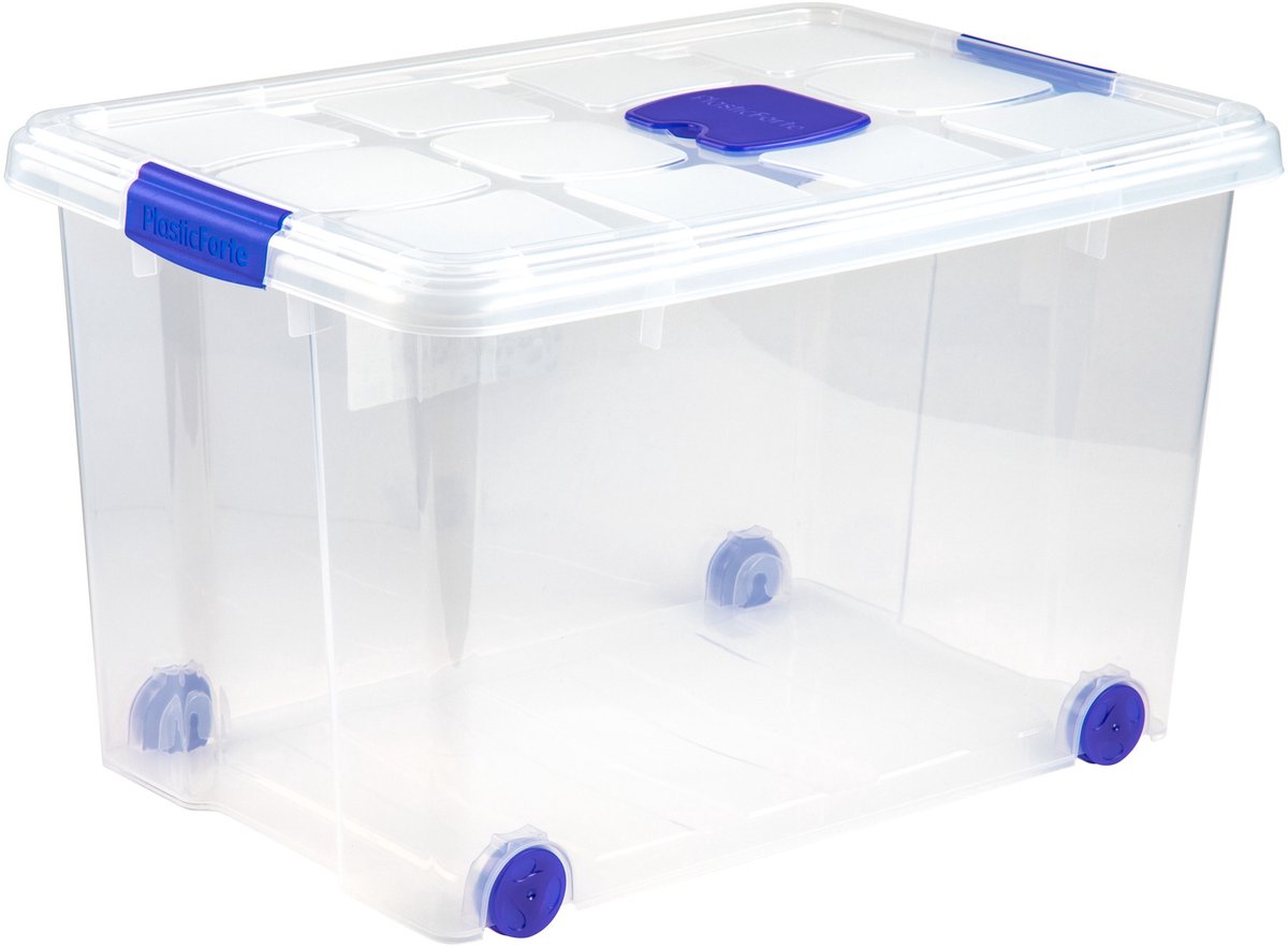Plasticforte Opslagbox - 1x stuks - met deksel - 55L - 59 x 40 x 35 cm - transparant - opbergbak - met wielen