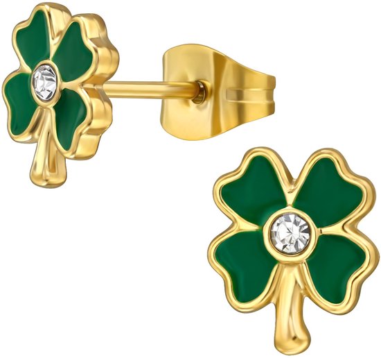 CS Joy - Boucles d'oreilles trèfle - Acier chirurgical - Trèfle à quatre feuilles - 7 x 8,4 mm - Vert - Plaqué or IP/PVD