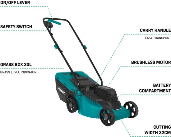 Tondeuse à gazon sans fil VONROC 20 V – Largeur de coupe 32 cm - Moteur sans balais - Trois hauteurs de coupe réglables : 30/50/70 mm - Bac de ramassage 30 L inclus - Batterie 4,0 Ah et chargeur rapide inclus