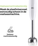 Witte Braun staafmixer met zilveren voet. Icon toont vaatwasmachinebestendigheid.