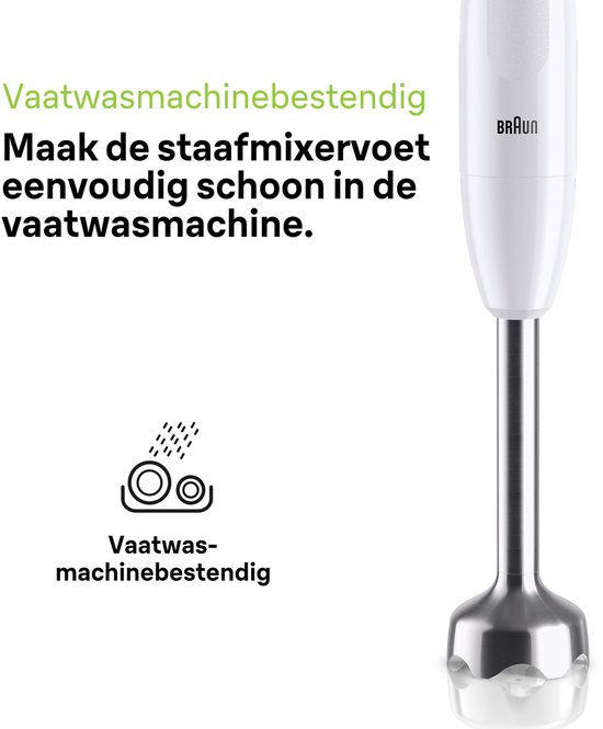 Witte Braun staafmixer met zilveren voet. Icon toont vaatwasmachinebestendigheid.