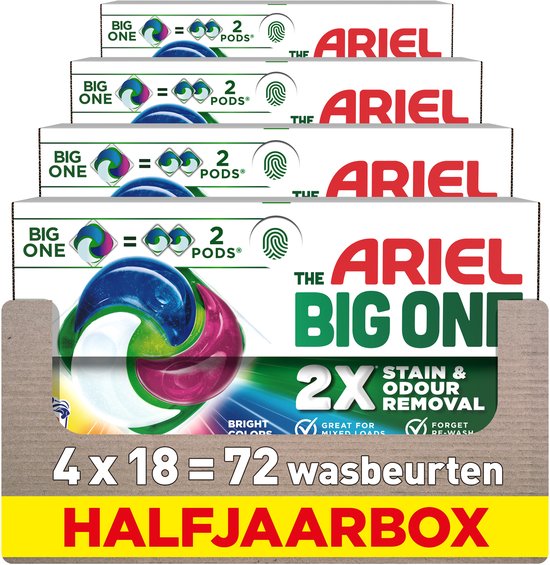 Ariel The Big One Wasmiddel Pods Stralende Kleuren - 4 x 18 Wasbeurten - 1 Big One = 2 Ariel 3in1 Pods