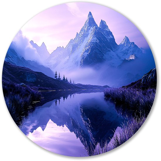 Betoverend berglandschap met reflectie - Bergen schilderij rond - Rond wandpaneel reflectie - Surrealisme - Aluminium - Woondecoratie industrieel - muurcirkel aluminium 60x60 cm