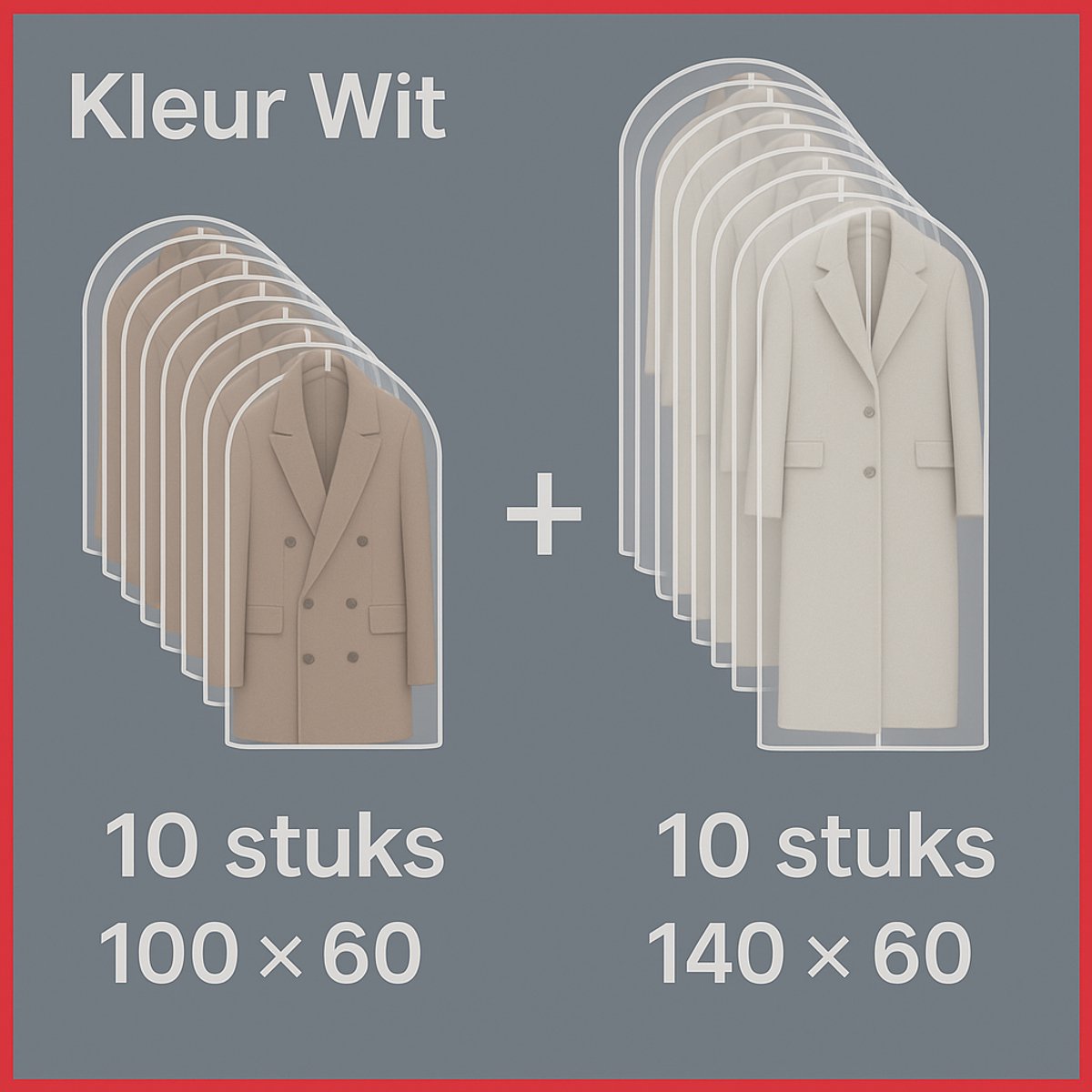 Kledinghoes - Opbergtas - 20 Stuks Wit transparant - 10 stuks 60x140cm en 10 stuks 60x100cm - Kledingzak - Kledingzakken met rits - Waterbestendig