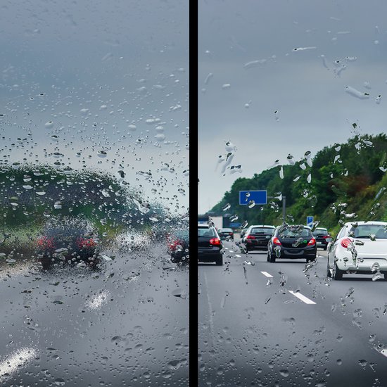 Vergelijking van een regenachtige snelweg, links onbehandeld, rechts behandeld met Rain-X.