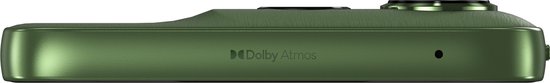 Bovenkant van een groene Motorola telefoon met 'Dolby Atmos' logo.