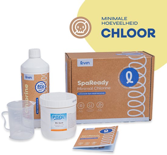 Box met 'SpaReady Minimal Chlorine Inflatable Spa Maintenance'. Bevat een fles, potje, maatbeker en handleiding.
