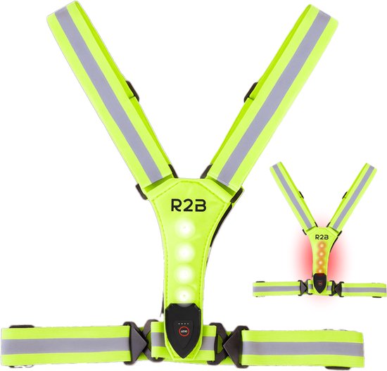 R2B Hardloopvest met Verlichting - Hardloopvest Oplaadbaar - USB-C kabel - Hardloop Verlichting aan Voor- en Achterkant - Reflecterend Running Vest - Hardloophesje - Neongeel