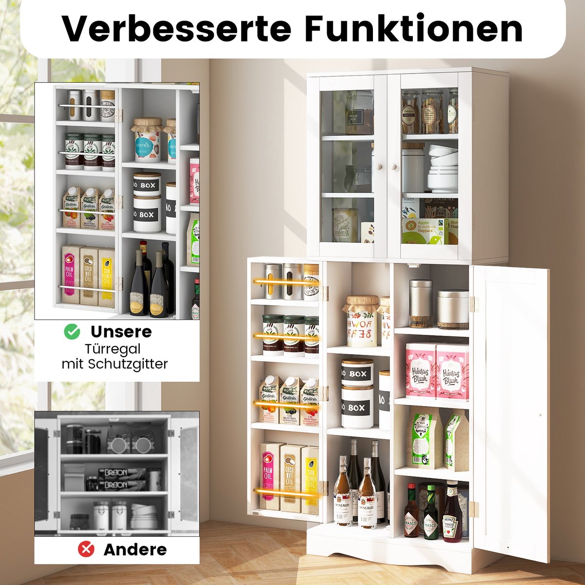 Costway Keukenkast van hout, hoge kast met glazen deuren, keukenbuffet, vrijstaand, multifunctioneel, met kantelbeveiliging, opbergkast voor keuken, eetkamer, woonkamer, 60 x 31,5 x 161,5 cm — cadeau in Cadeau-ideeën - foto 8