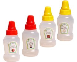 Set van 4 mini-sausflesjes, mini-ketchupflesjes, kleine sausknijperflesjes, sausbakjes voor lunchboxen en bentoboxaccessoires, draagbare picknicksausflesjes voor op reis
