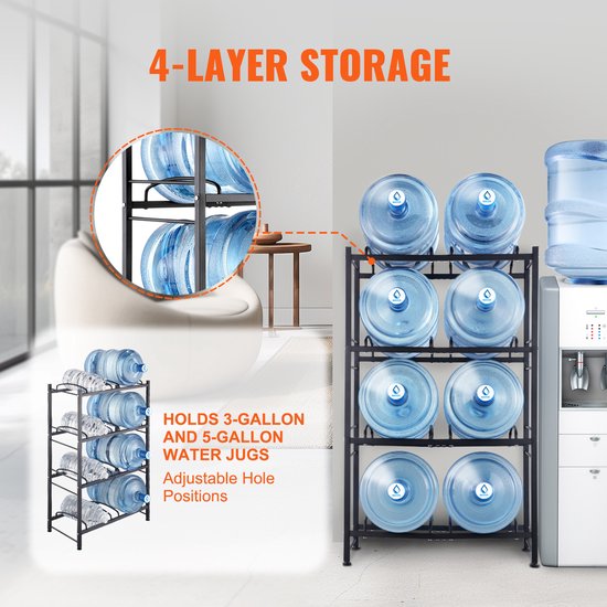 4-Staps Waterkanhouder, Dubbel Rijen Flessenrek voor 8 Flessen, Robuust 5-Gallon Waterrek voor Keuken, Kantoor, Woonkamer, Zwart — afbeelding 4