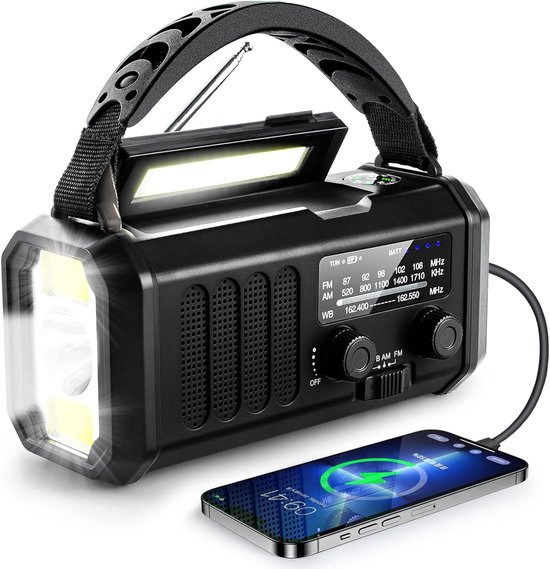 Noodradio - Solar Opwindbaar 10.000mAh - MODEL 2025 - Solar powerbank Zonneenergie - Survival Noodpakket - Zaklamp Oplaadbaar - Noodpakket – Noodrantsoen - Zwart