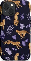 Casetastic hoesje geschikt voor Apple iPhone 15 - MagSafe - Dubbellaagse bescherming - Cheetah charisma - Fashion Case - Donkerblauw Lavendel Taupe Perzik
