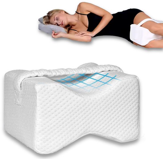 Coussin Orthopédique Jambes & Genoux – Mousse Mémoire De Forme, Sangle Fixe, Housse Amovible, Soulage Douleurs Hanches & Dos Pour Dormeurs Sur Le Côté
