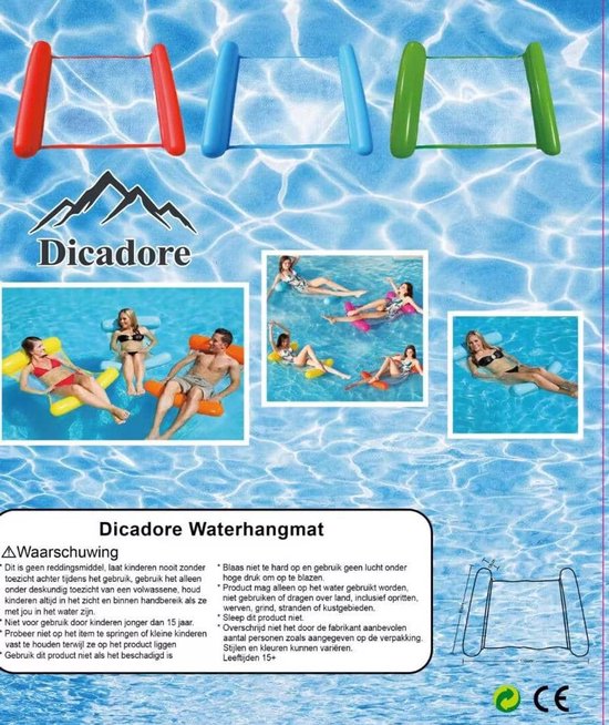 Collage van gele waterhangmatten in gebruik in zwembaden, met waarschuwing en afmetingen.