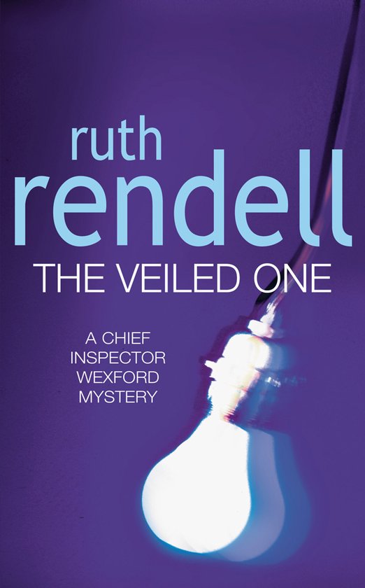 Boek 'The Veiled One' van Ruth Rendell. Een gloeilamp hangt aan een draad voor een paarse achtergrond.