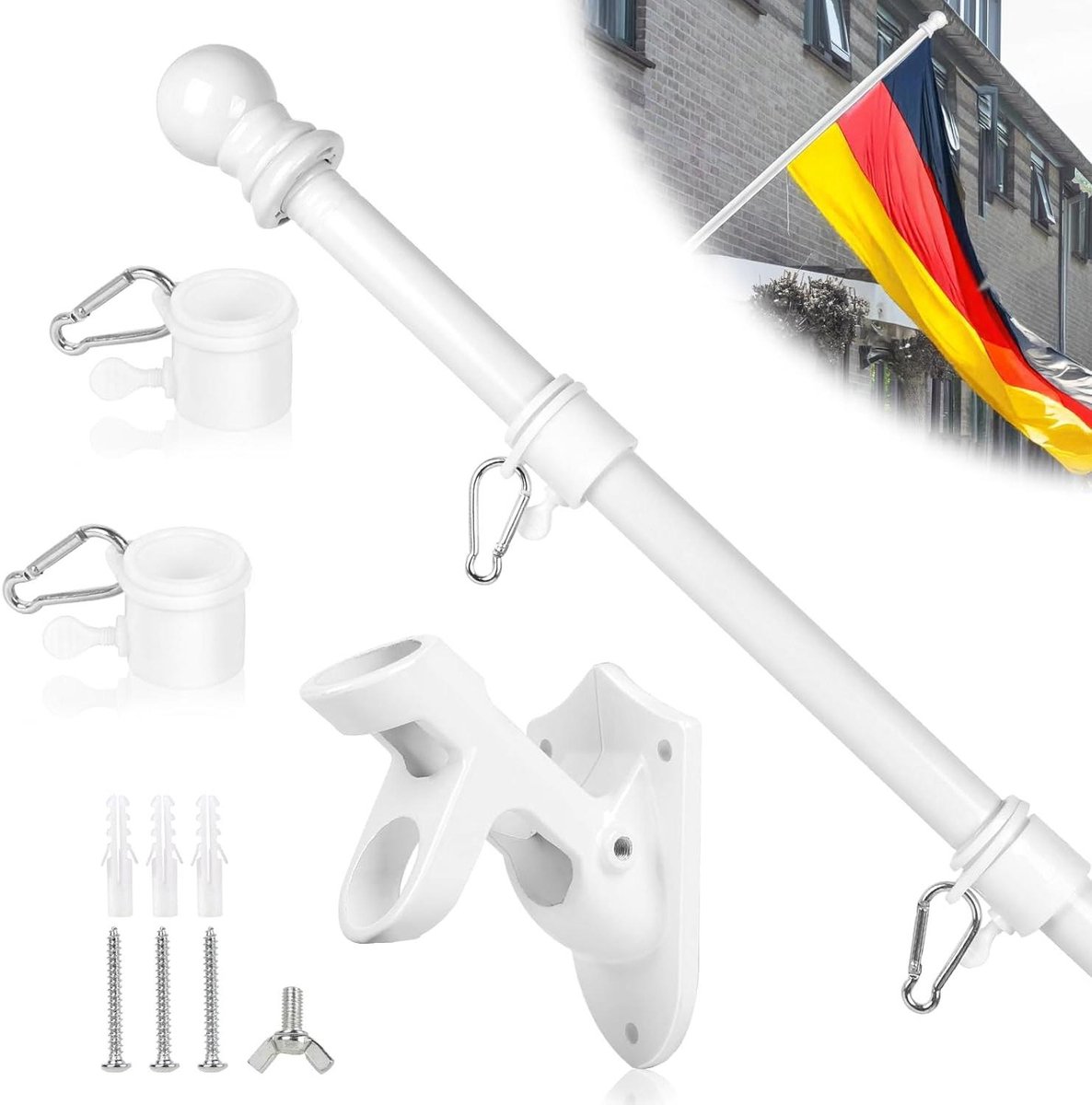 Vlaggenmast met roestvrij stalen wandhouder en tangle accessoire voor huis en tuin (wit)
