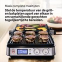 Een contactgrill met zes gegrilde hamburgers, groenten en pompoen, op een digitaal display met 200°C en 06:00.
