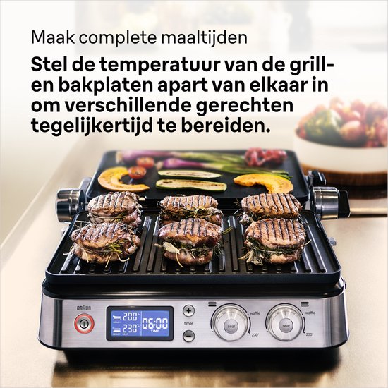 Een contactgrill met zes gegrilde hamburgers, groenten en pompoen, op een digitaal display met 200°C en 06:00.