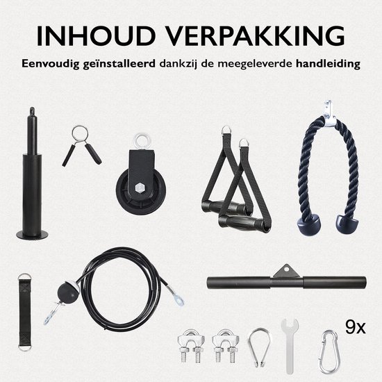 Inhoud van de verpakking: Diverse fitnessaccessoires zoals handgrepen, katrol en stangen.