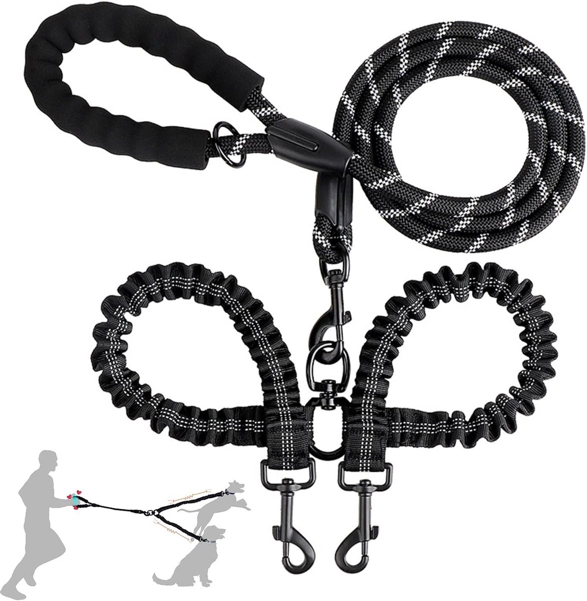 Dubbele hondenriem - Klitvrij - Intrekbare elastische nylon hondenriem - Reflecterende band en gevoerde handgreep - Voor twee honden - Wandelen - Oefening (zwart)