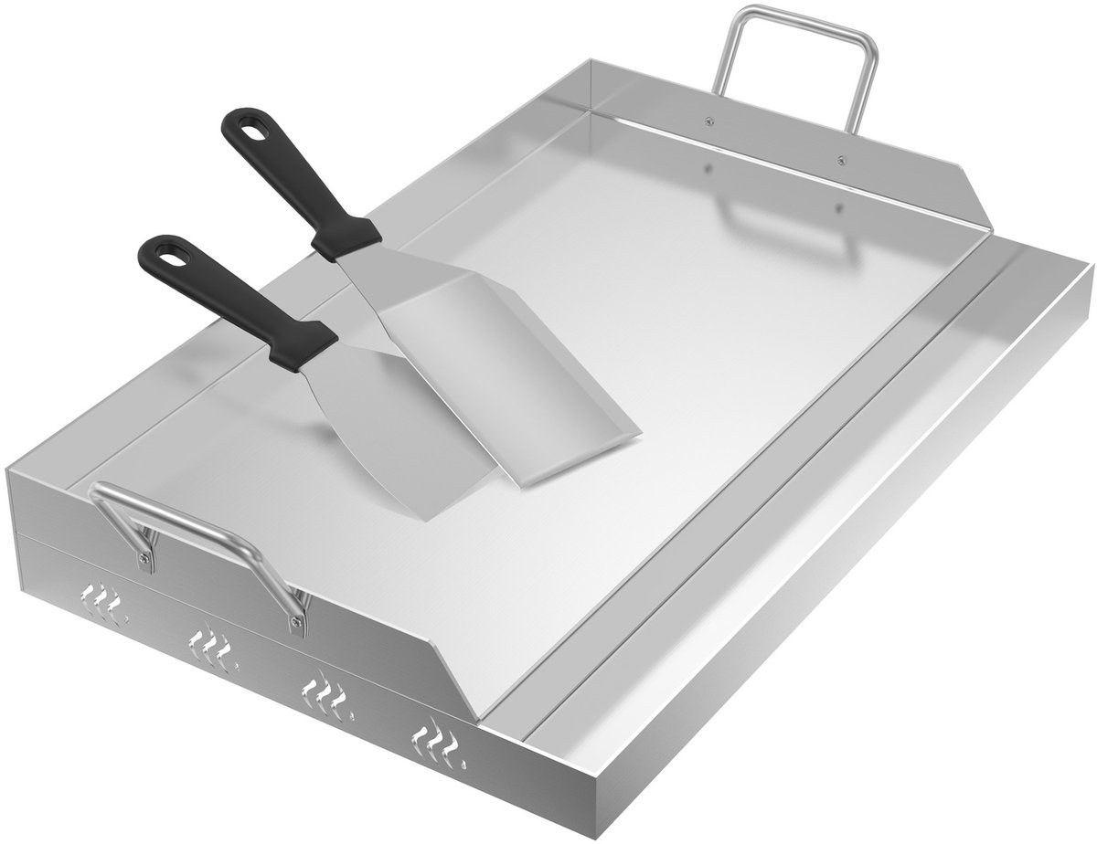 NAIZY BBQ Plancha Grillplaat 58 x 32 cm RVS Grillmat Universele bakplaat met 2 grillspatels Grillpan Grillplaat voor houtskoolgrill Gasgrill