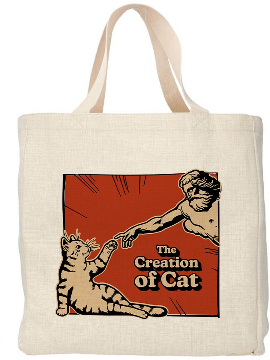 Creasowl® - The creation of cat - Boodschappentas 38 x48 cm - Polylinnen- Kat tas - Shopper - Canvas tas - Boodschappen tas - Totebag - Schoudertas - Draagtas - Katten mama