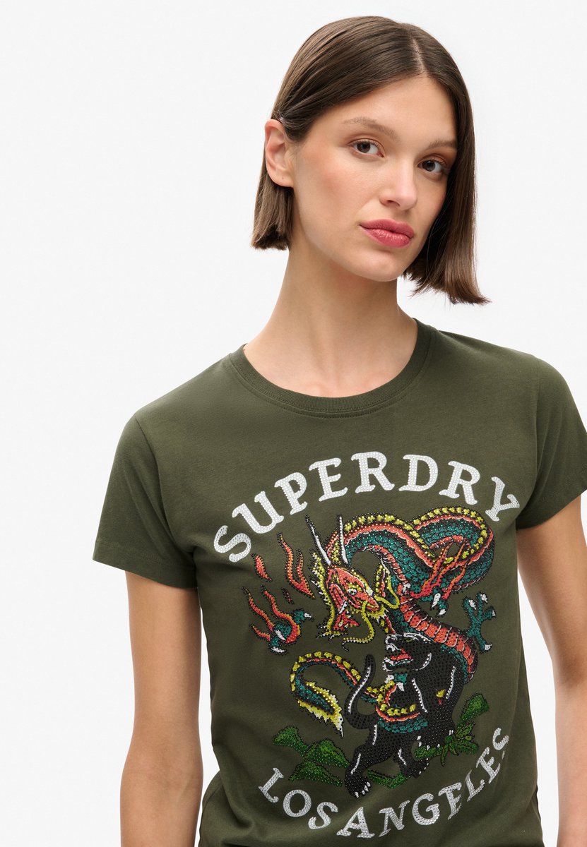 Superdry Tattoo Rhinestone getailleerd T-shirt Dames T-shirts Khaki