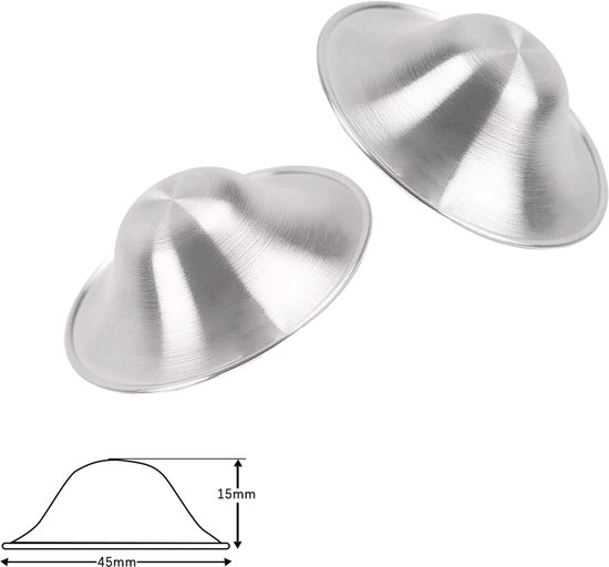 Twee zilverkleurige tepelkapjes met afmetingen 45mm breed en 15mm hoog, met een cirkelvormige basis en conische vorm.