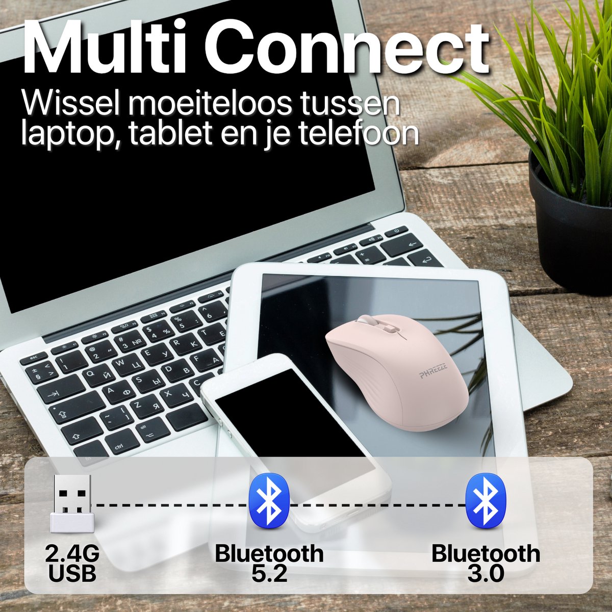 Stille Draadloze Muis - Bluetooth 5.2 + 2.4G USB Dongle - Multi Connect - Laptop & Computer - Incl. Batterij - Roze thumbnail 3