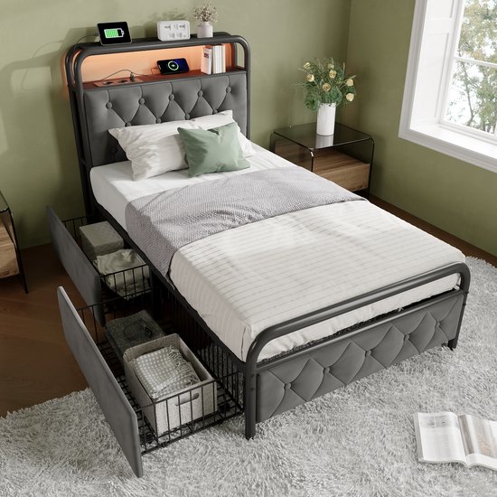 Polsterbett - Einzelbett - avec chargement USB Type C Fonction de chargement - APP-Control LED Bettgestell - Metallbett - 90x200 - Bettrahmen - 2 étagères - Samt - Sans Matras