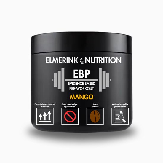 Foto: Ebp pre workout met cafe ne mango 30 doseringen tropisch en krachtig hooggedoseerde formule voor energie en spierkracht wetenschappelijk onderbouwd elmerink nutrition