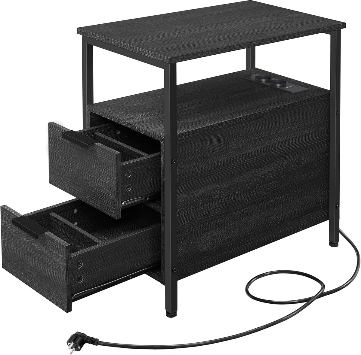 Conway Living - Bijzettafel - Nachtkastje met 2 Lades - Stekkerdoos - Zwart - 60x35x61 cm