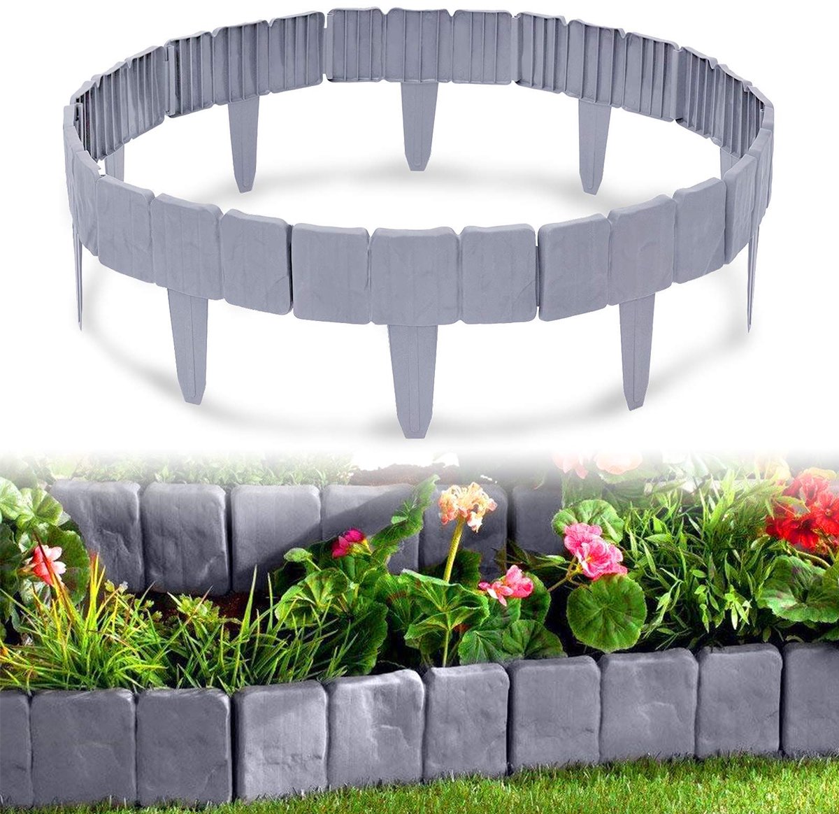 Aufun 5 m borderrand - Kunststof tuinrand - Steenlook - Maaikant - 20 stuks (25x23 cm) - Grijs