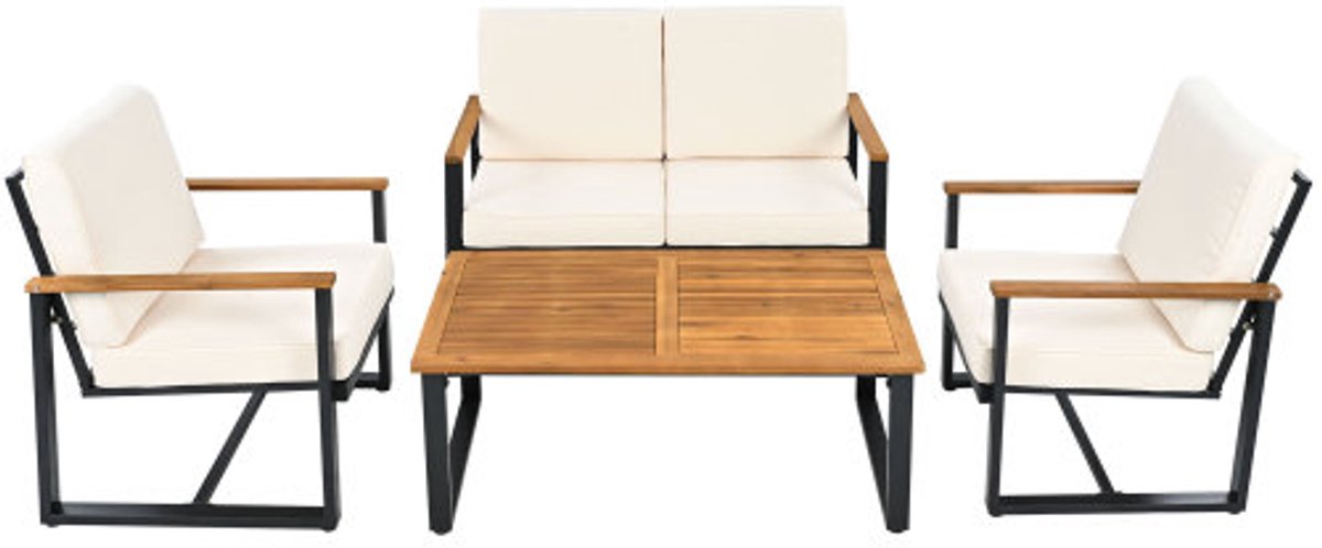 Gotagee 4-delige tuinloungestoelset in beige, acaciahouten blad, gegalvaniseerd staal.