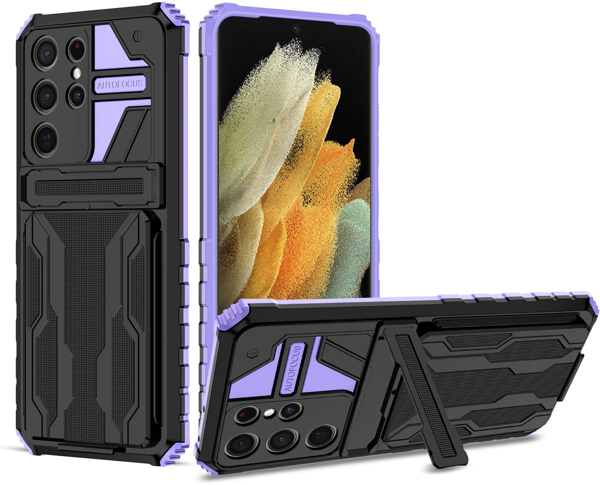 BukkitBow – Shockproof Case - Heavy Duty - Anti-Shock - Card Case Hard Rugged Pasjes Houder - Back Cover met Portemonnee - Stevige Shock Proof hoesje - Hoesje voor Samsung Galaxy S21 - Paars