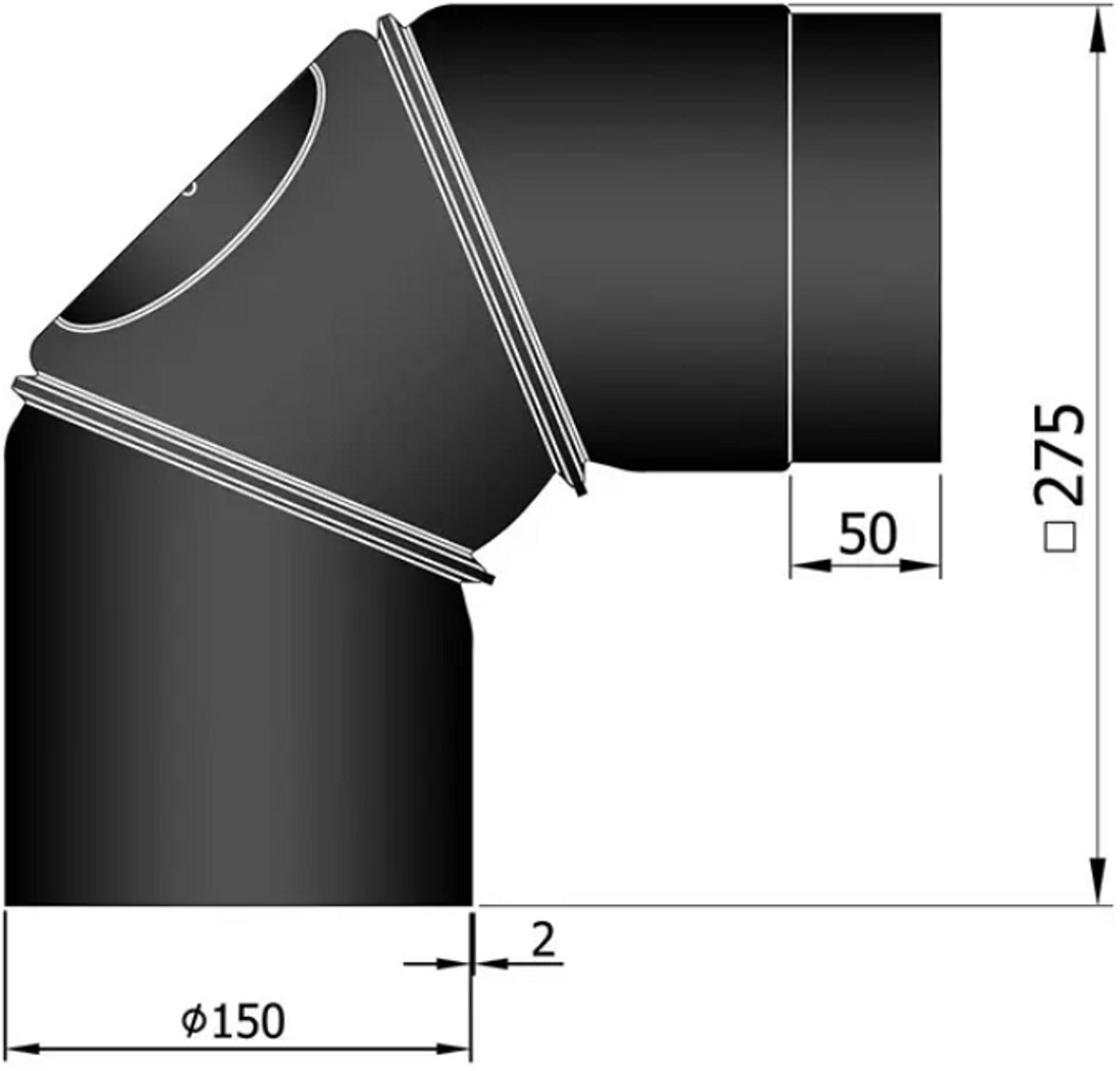 Kachelpijp Ø150 Bocht 90° draaibaar 3 delen - zwart - staal - 2mm
