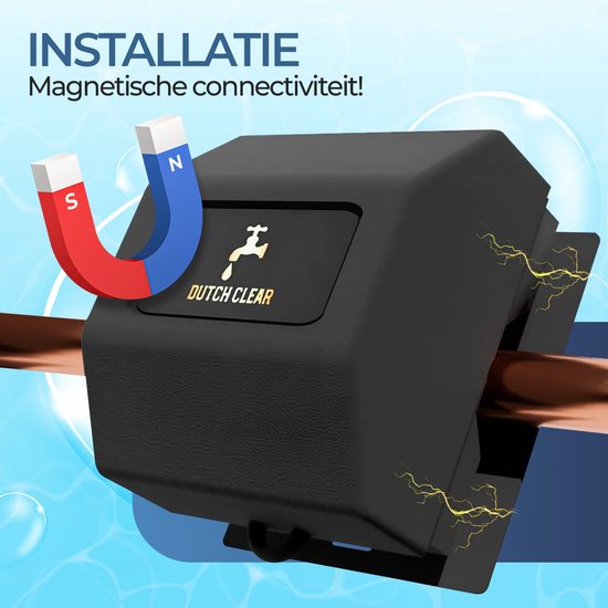 Zwarte "DUTCH CLEAR" waterontharder met magnetische connectiviteit en een U-vormige magneet.