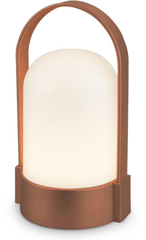 Lampe rechargeable couleur cuivre avec verre opale blanc et poignée.